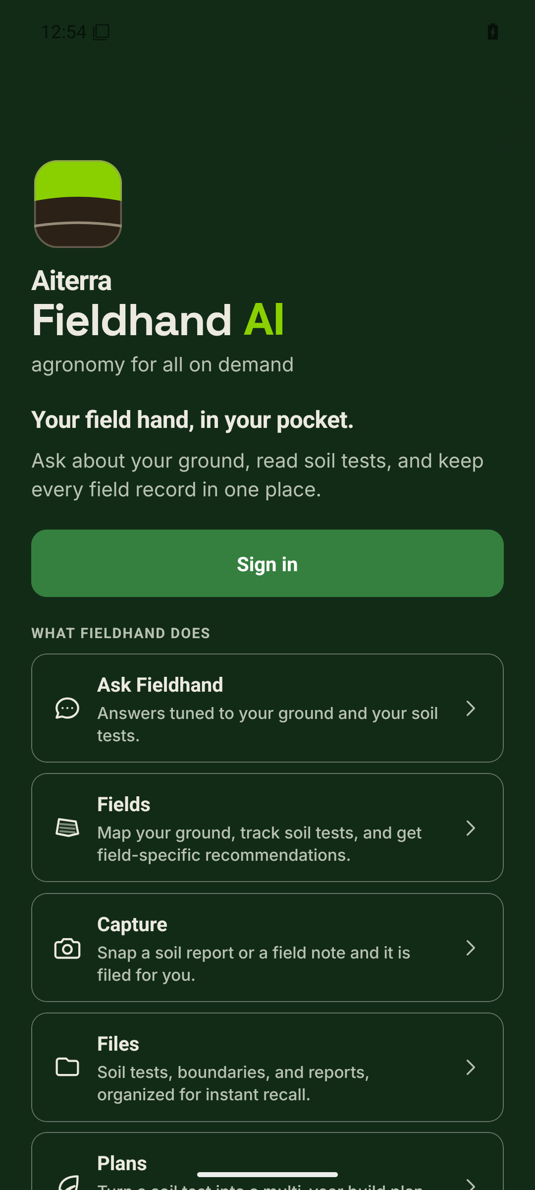 Fieldhand AI on a phone: welcome, sign in, and what the app does.